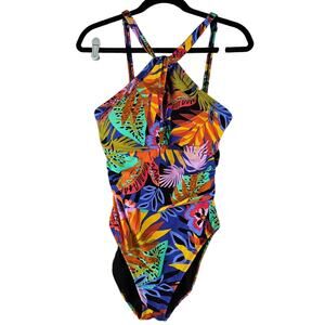 NEW Bleu Rod Beattie 12 Multi Color Tropical One Piece Swimsuit Halter High Neck